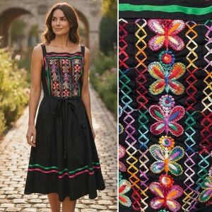 VINTAGE 70s 80s Embroidered BUTTERFLIES Folk Art Peasant Sun Dress Boho 8 10 M
